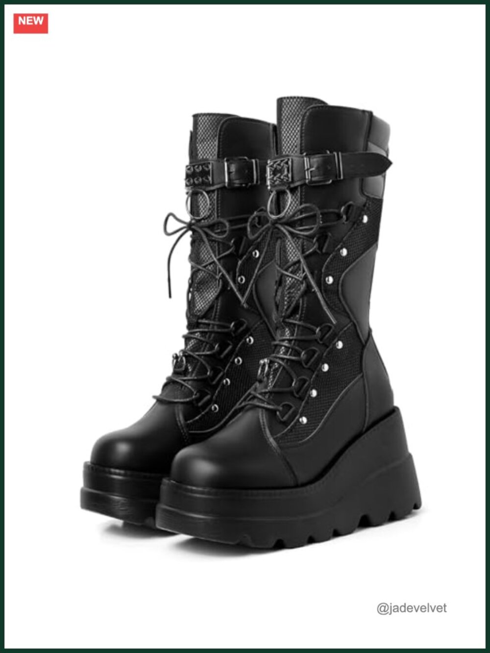 Goth Mid Calf Combat Platform Boots with Studded Buckles Vegan PU Leather